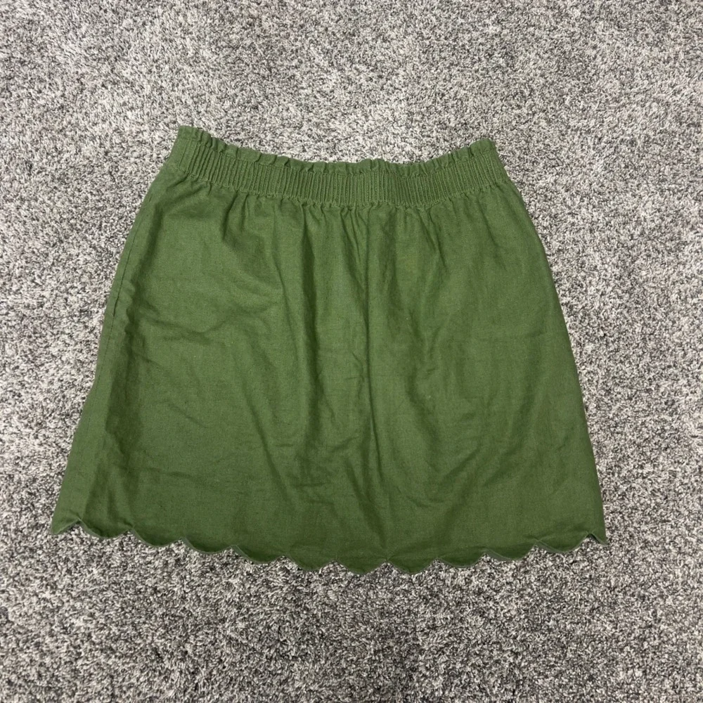J. Crew Scalloped Hem Linen Blend Mini Skirt Olive Green Smocked Waist H5397 10